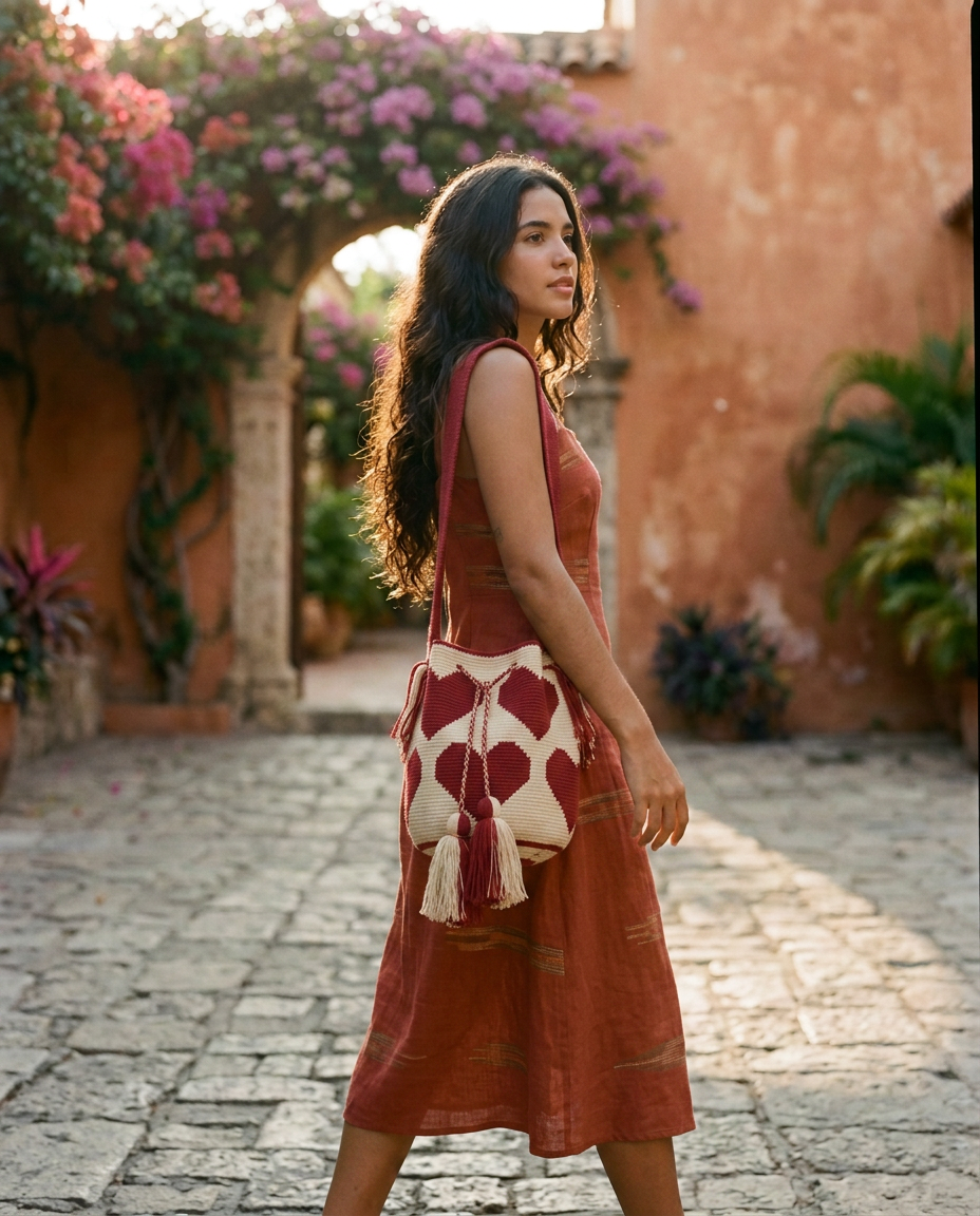Handwoven Wayuu Corazón mochila worn cross-body in a sunlit Cartagena courtyard